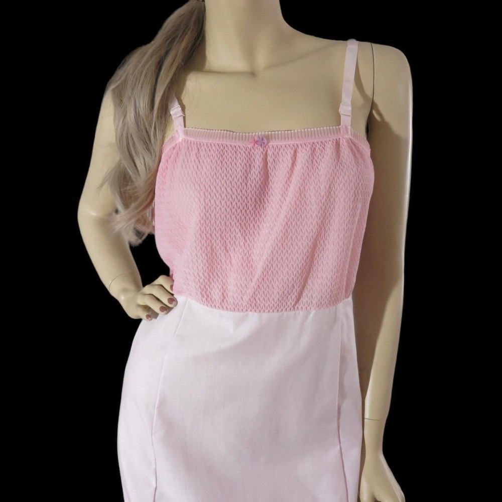 Vintage 70s Pink Slip Dress XS Shirred Bodice Pleated Hem Balletcore Dress - Picture 2 of 7